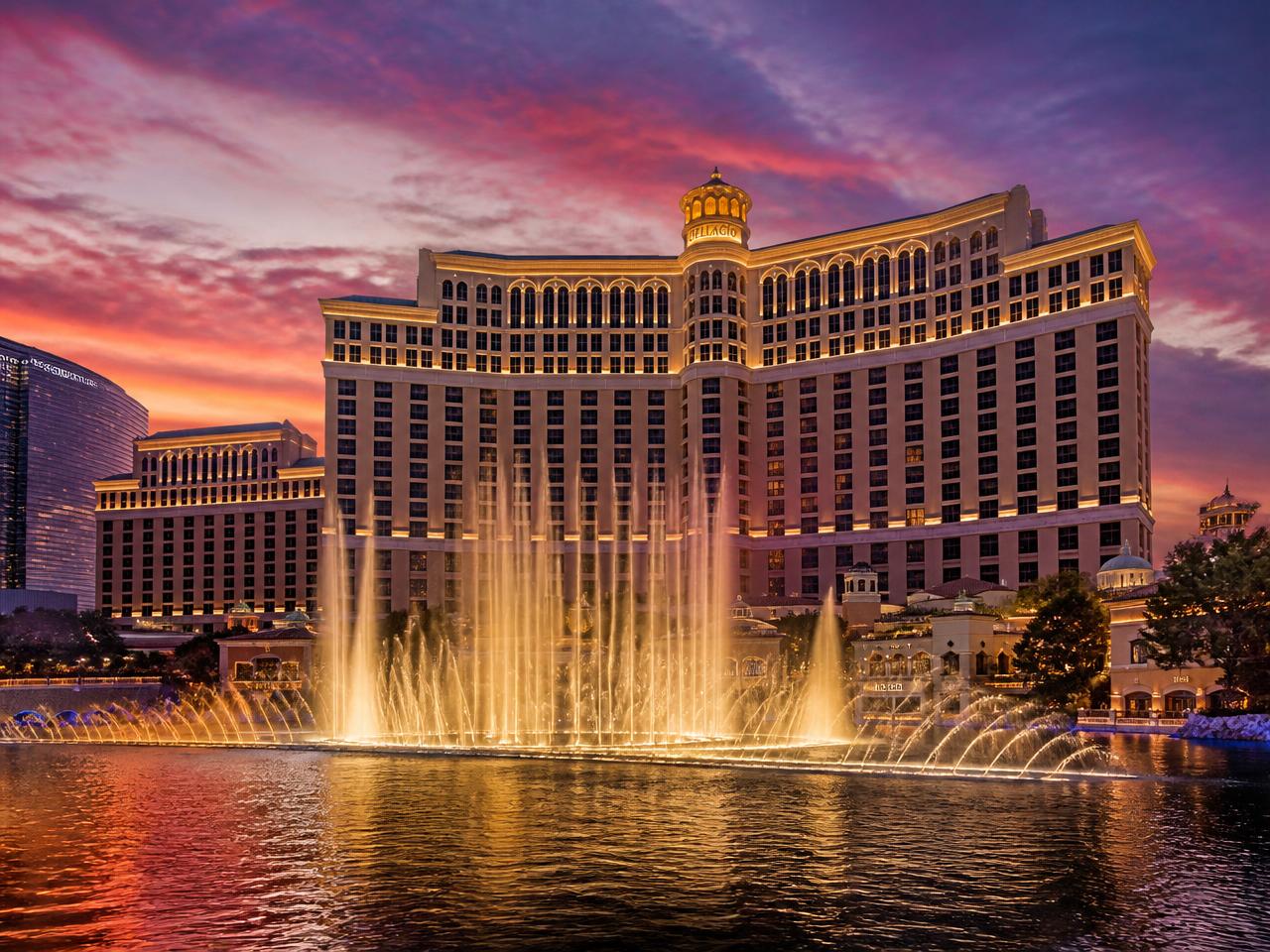 Bellagio Resort & Casino at dusk with the iconic fountains
